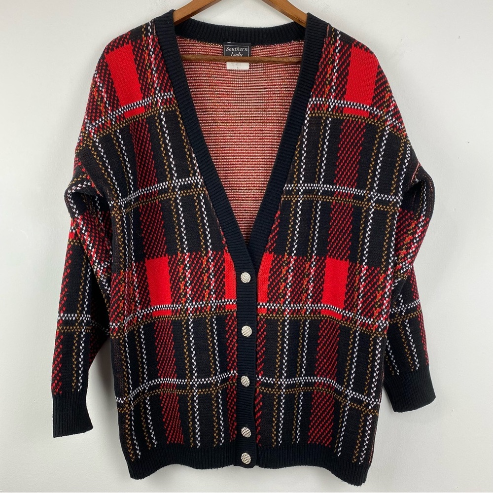 Vintage Southern Lady size Small Women’s Black Red Plaid Sweater Cardigan